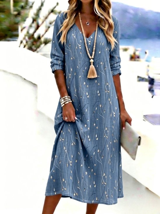 Women Floral Spring/Fall Dress V Neck Long Sleeve H-Line Dress