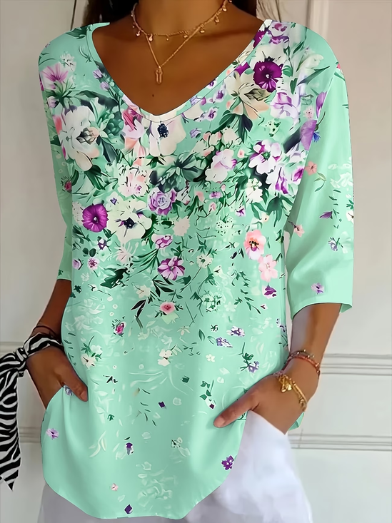 Casual Floral V Neck Three Quarter Sleeve T-shirt