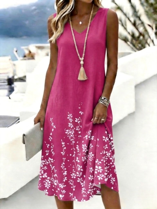 Women Floral Summer Dress V Neck Sleeveless Tank A-Line Dress