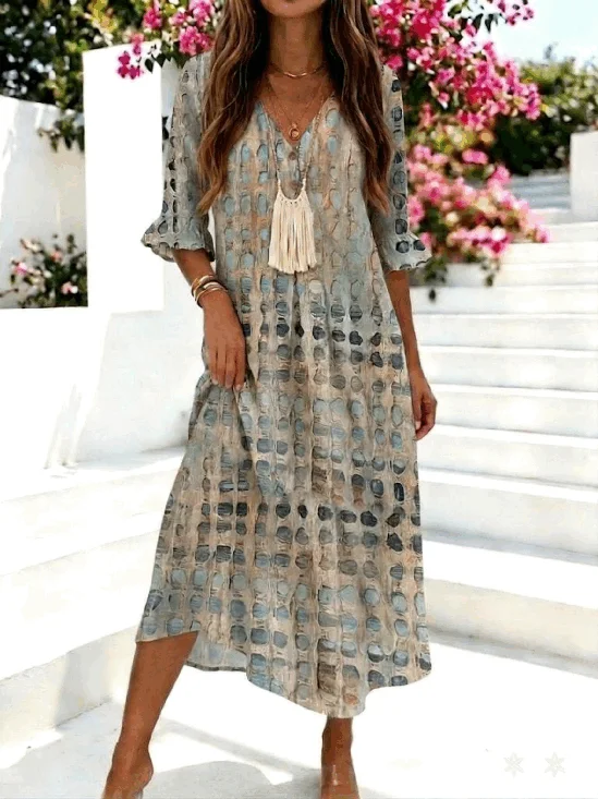Women Tie Dye Summer Dress V Neck Half Sleeve H-Line Dress
