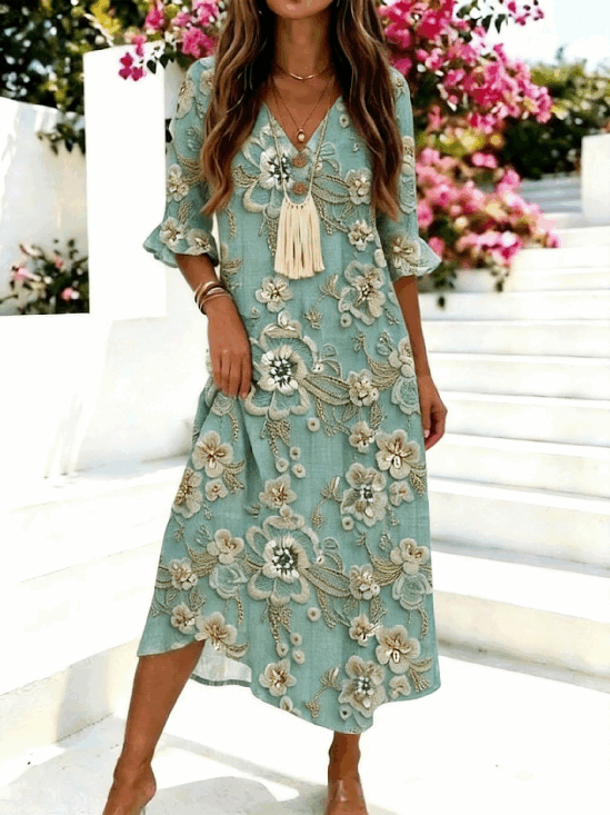 Women
                      Floral Summer Dress V Neck Half Sleeve H-Line
                      Dress