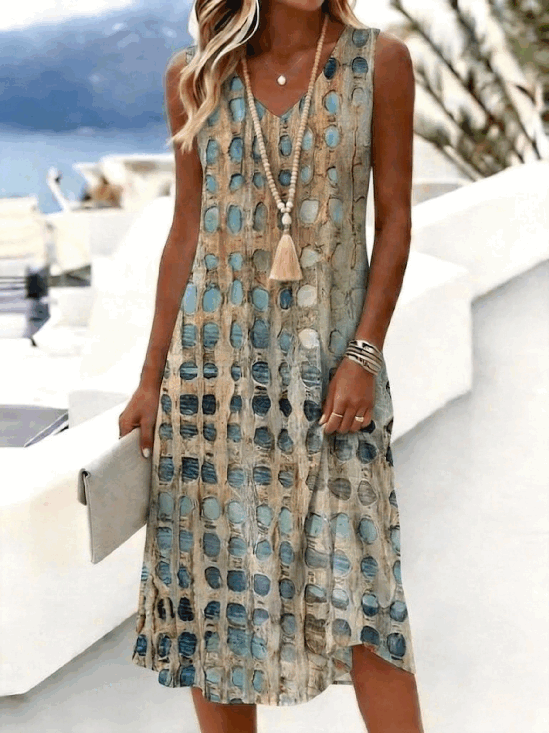 Women Abstract Summer Dress V Neck Sleeveless Tank A-Line Dress