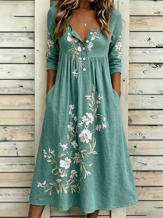 Women Floral Summer Dress Half Open Collar Half Sleeve A-Line Dress