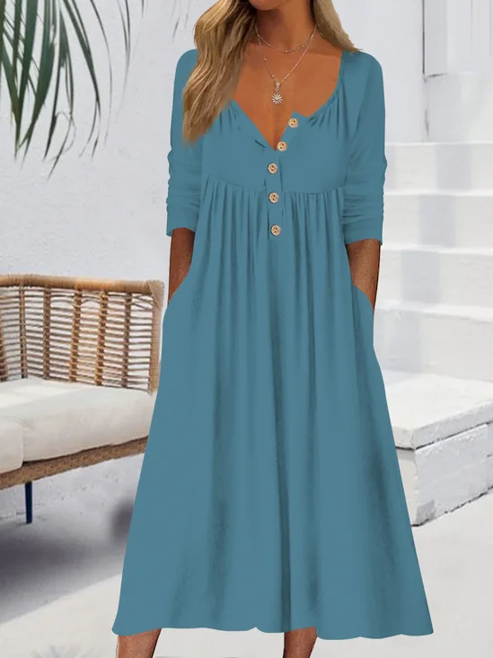 Women Plain Summer Dress Half Open Collar Half Sleeve A-Line Dress