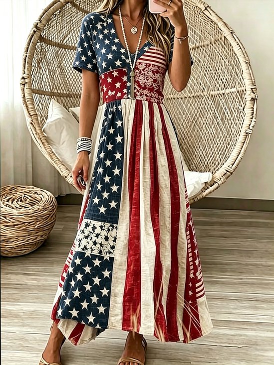 Women Spring Dress V Neck America Flag Printing Long Sleeve A-Line Dress