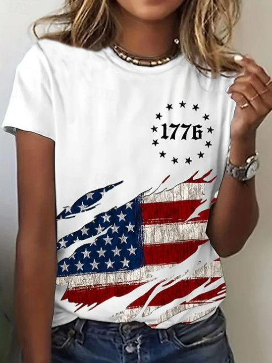 Casual Independence Day (Flag) Crew Neck Short Sleeve T-shirt