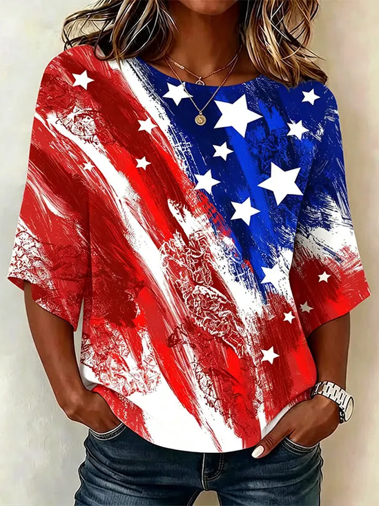 Crew Neck Half Sleeve Independence Day (Flag) Printing Regular Micro-Elasticity Regular Fit Blouse For Women