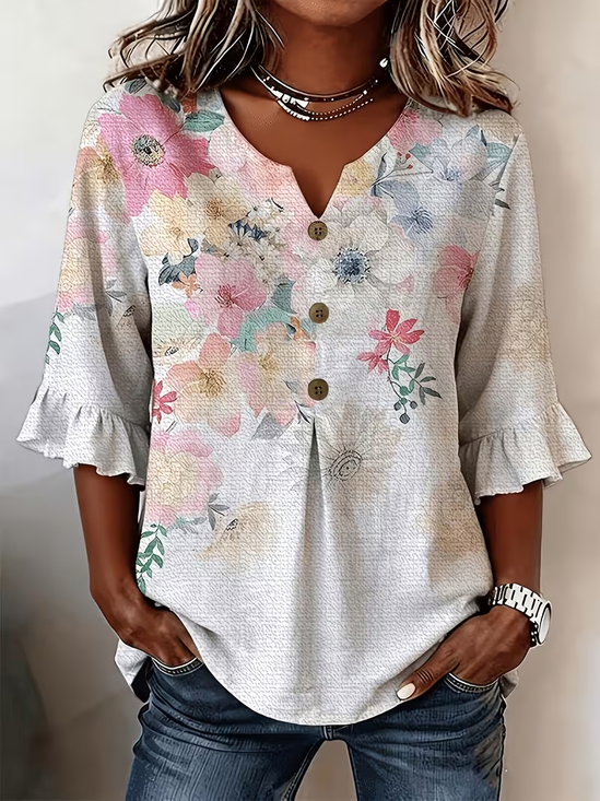 V Neck Half Sleeve Floral Peplum Regular Micro-Elasticity Regular Fit Blouse For Women