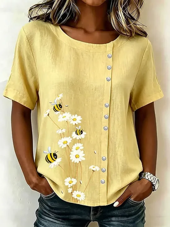 Crew Neck Short Sleeve Floral Printing Regular Micro-Elasticity Loose Shirt For Women