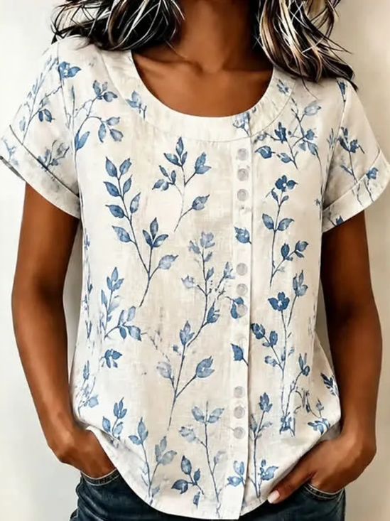 Crew Neck Short Sleeve Floral Printing Regular Micro-Elasticity Loose Shirt For Women