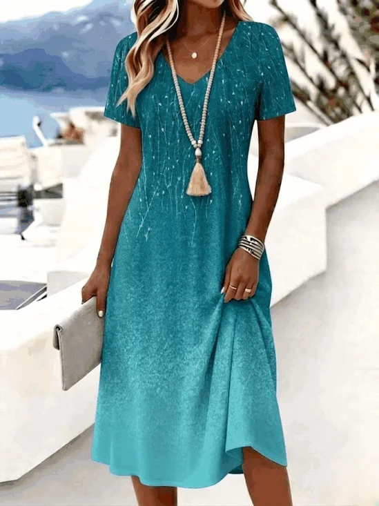 Women Ombre Summer Dress V Neck Short Sleeve A-Line Dress
