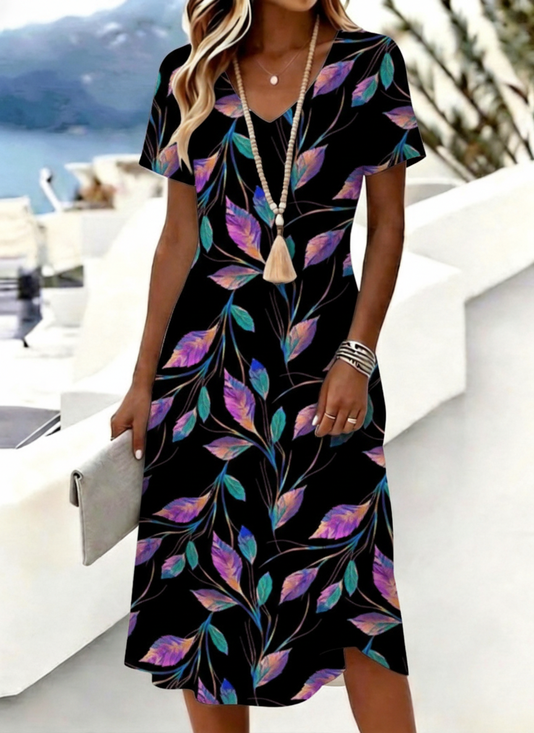 Women Leaf Summer Dress V Neck Short Sleeve A-Line Dress