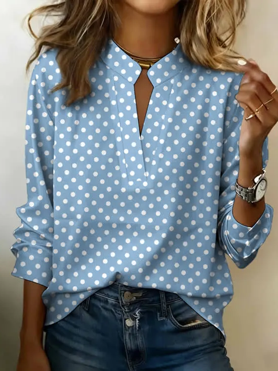 V Neck Long Sleeve Polka Dots Printing Regular Micro-Elasticity Regular Fit Blouse For Women