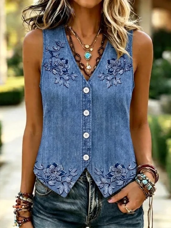 Regular Fit Floral Casual V Neck Vest
