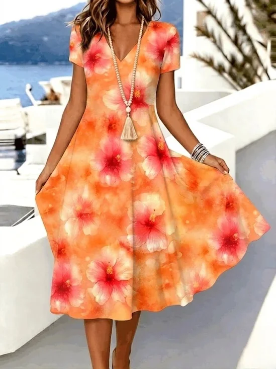 Women
                      Floral Summer Dress V Neck Short Sleeve A-Line
                      Dress