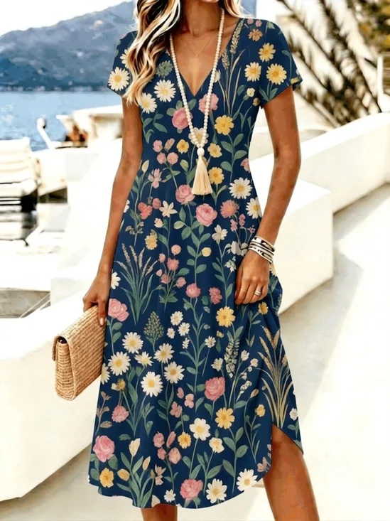 Women
                      Floral Summer Dress V Neck Short Sleeve A-Line
                      Dress