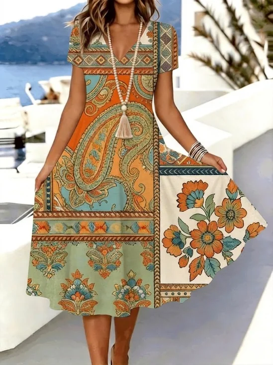 Women
                      Floral Summer Dress V Neck Short Sleeve A-Line
                      Dress