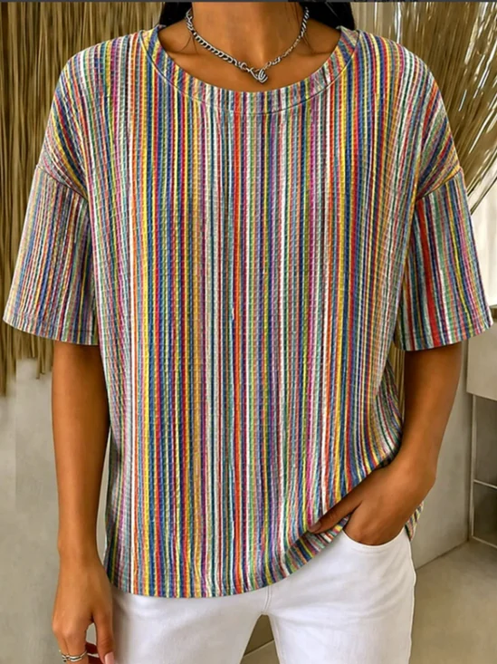 Casual Striped Crew Neck Short Sleeve T-shirt