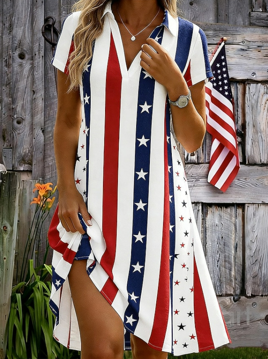 Women Independence Day (Flag) Summer Printing Dress Shawl Collar Short Sleeve A-Line Dress