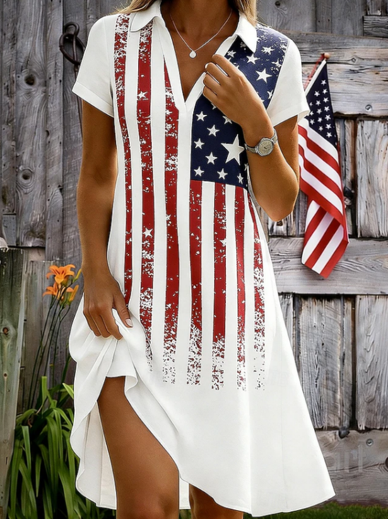 Women Independence Day (Flag) Summer Printing Dress Shawl Collar Short Sleeve A-Line Dress