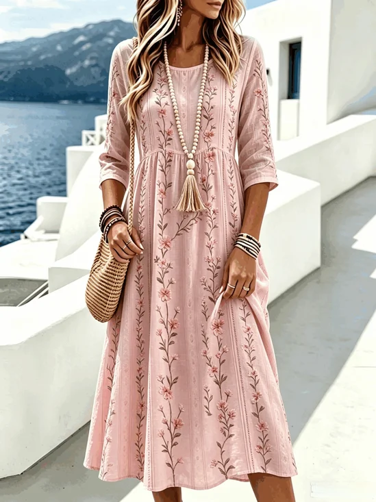 Women Floral Spring/Fall Dress Crew Neck Three Quarter Sleeve A-Line Dress