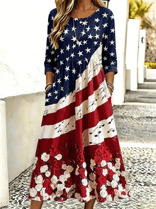 Women Floral Winter Dress Crew Neck Three Quarter Sleeve A-Line Dress