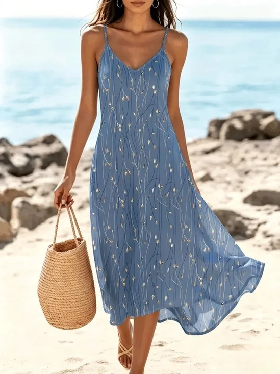 Women Leaf Summer Dress Spaghetti Sleeveless A-Line Dress