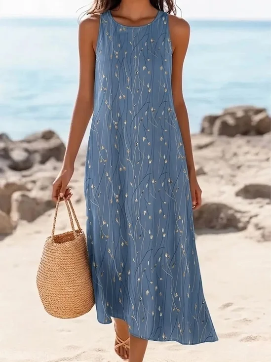 Women Leaf Summer Dress Crew Neck Sleeveless A-Line Dress