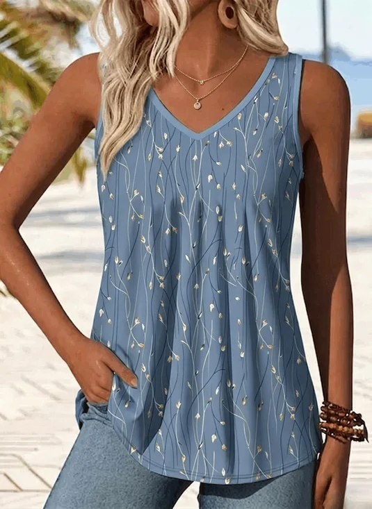 Casual V Neck Leaf Tank Top