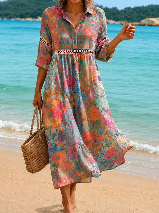 Women Striped Summer Dress Shirt Collar Half Sleeve Shirt Dress A-Line Dress