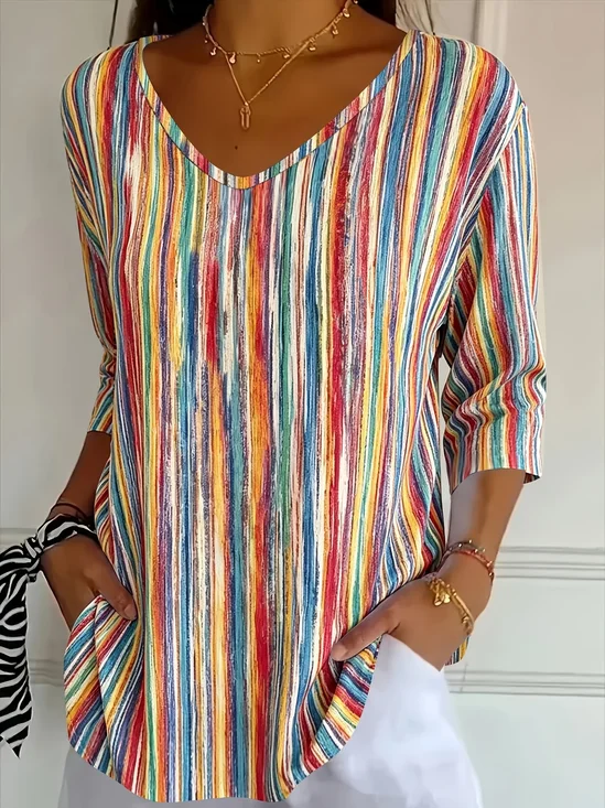 Casual Abstract Stripes V Neck Three Quarter Sleeve T-shirt