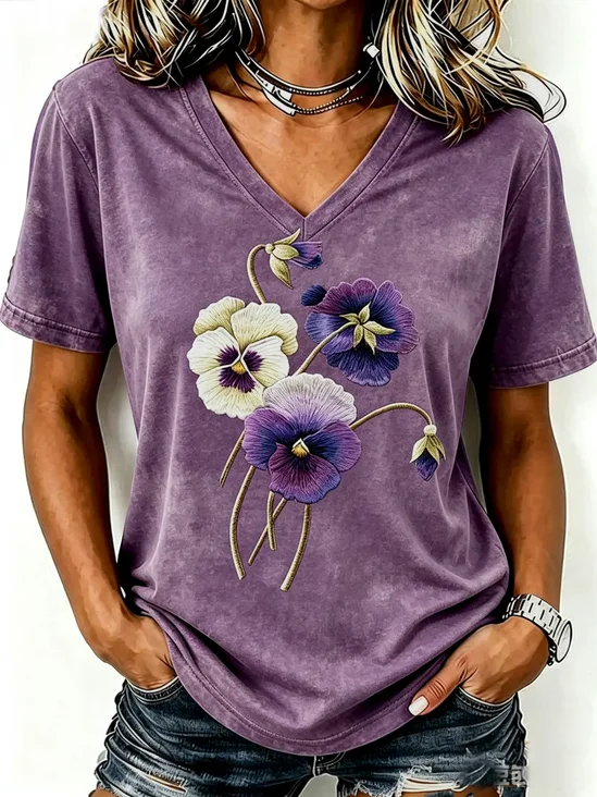 Vintage Floral V Neck Short Sleeve T-shirt