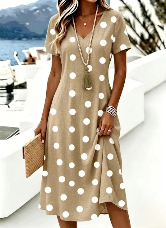 Women Polka Dots Summer Dress V Neck Short Sleeve A-Line Dress
