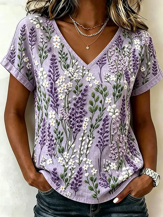 Vintage Floral V Neck Short Sleeve T-shirt