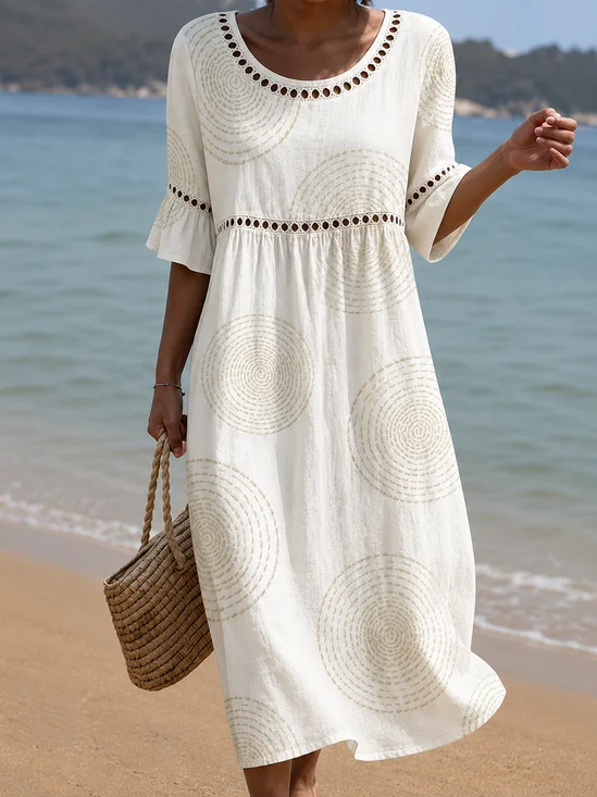 Women Striped Summer Dress Crew Neck Half Sleeve Classic A-Line Dress