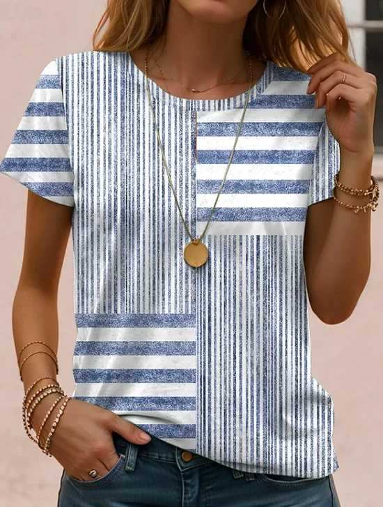 Casual Striped Crew Neck Short Sleeve T-shirt