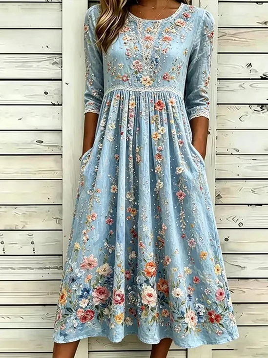Women Floral Summer Dress Crew Neck Half Sleeve A-Line Dress