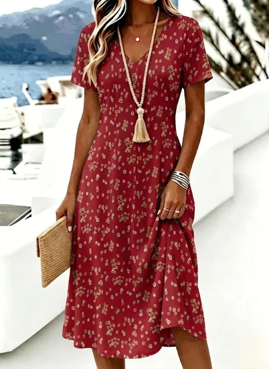 Women Floral Summer Dress V Neck Short Sleeve A-Line Dress