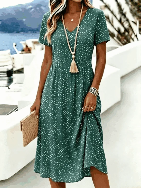 Women Polka Dots Summer Dress V Neck Short Sleeve A-Line Dress