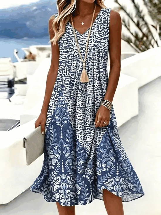 Women Floral Summer Dress V Neck Sleeveless Tank A-Line Dress