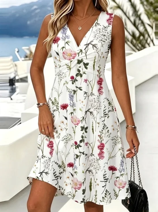 Women Floral Summer Dress V Neck Sleeveless Tank A-Line Dress