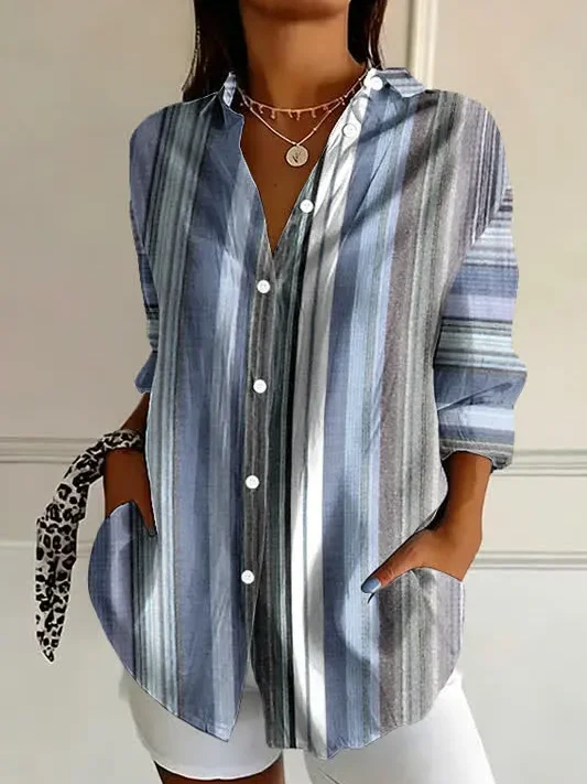 Shirt Collar Regular Sleeve Long Sleeve Striped Buckle Regular Loose Button Up Shirt Shirt For Women