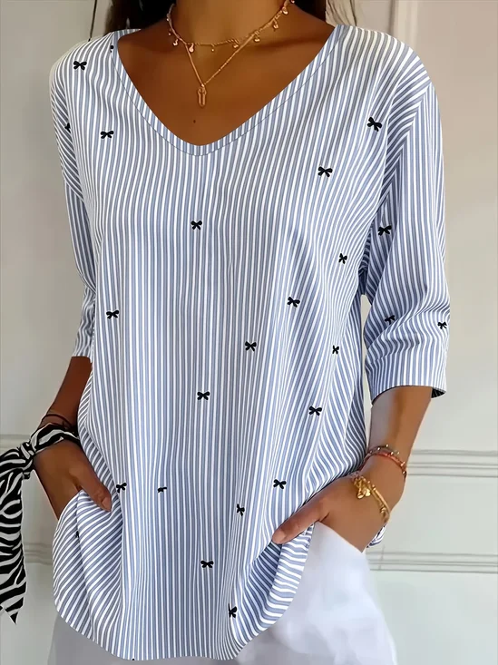 Casual Striped V Neck Three Quarter Sleeve T-shirt