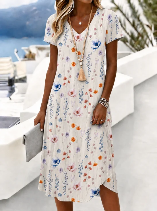 Women Floral Summer Dress V Neck Short Sleeve T-Shirt Dress A-Line Dress