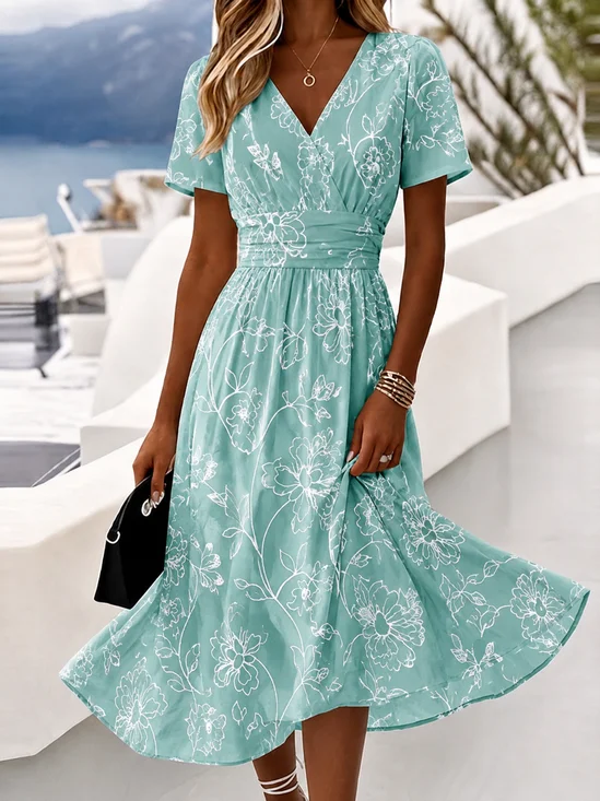 Women Floral Summer Dress V Neck Short Sleeve Beach Dress A-Line Dress