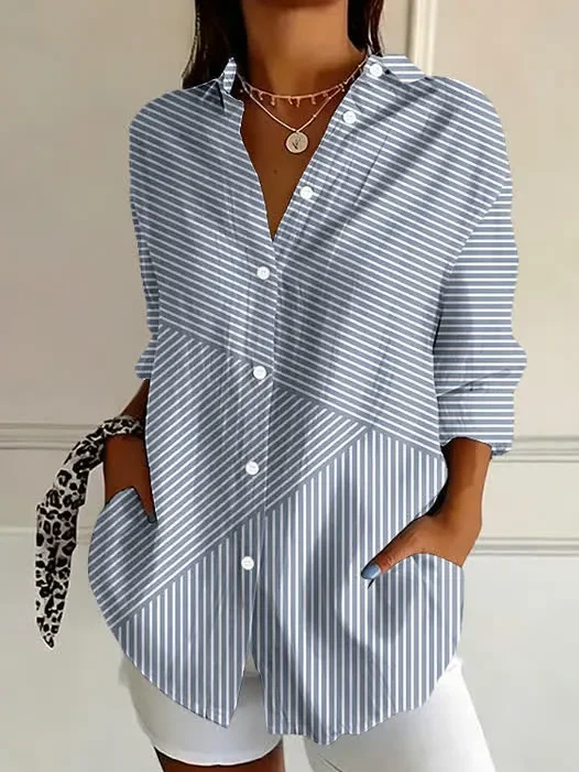Shirt Collar Regular Sleeve Long Sleeve Striped Buckle Regular Loose Button Up Shirt Shirt For Women