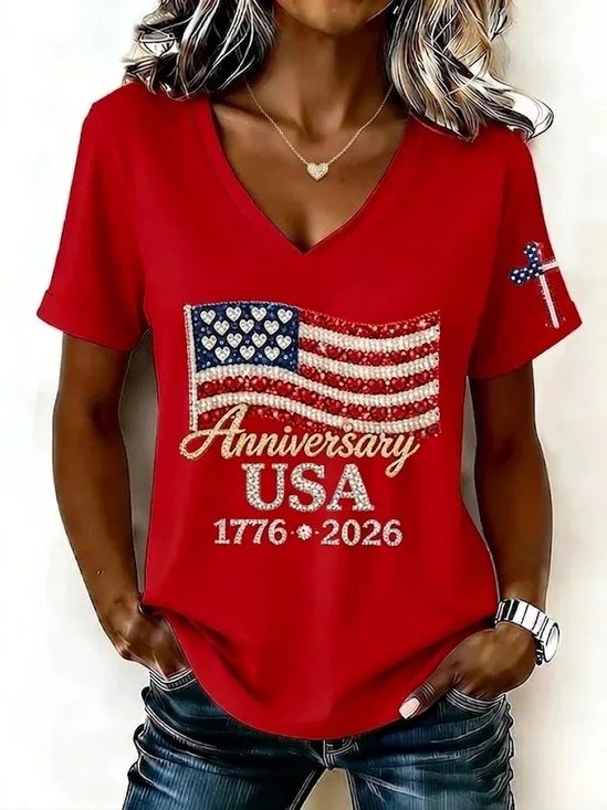 Casual America Flag V Neck Short Sleeve T-shirt