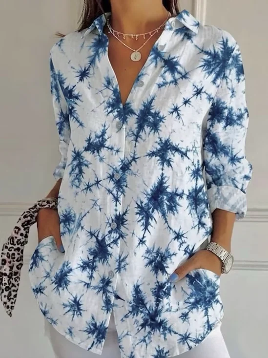 Shirt Collar Long Sleeve Abstract Regular Micro-Elasticity Loose Shirt For Women
