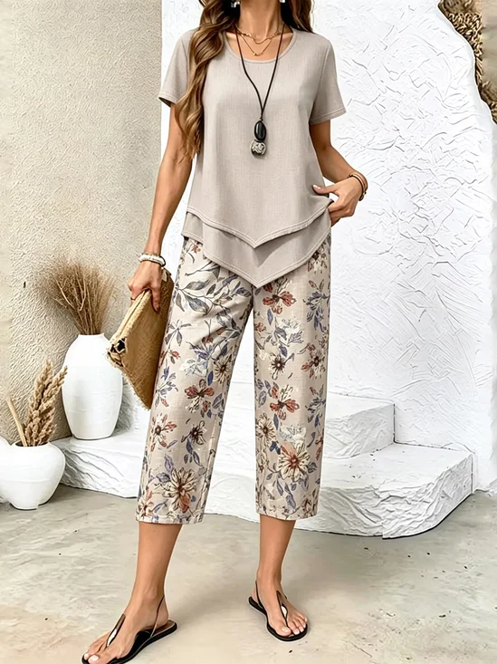 Women Floral Printing Two-Piece Set Daily Short Sleeve Casual Summer Top With Pants Matching Set