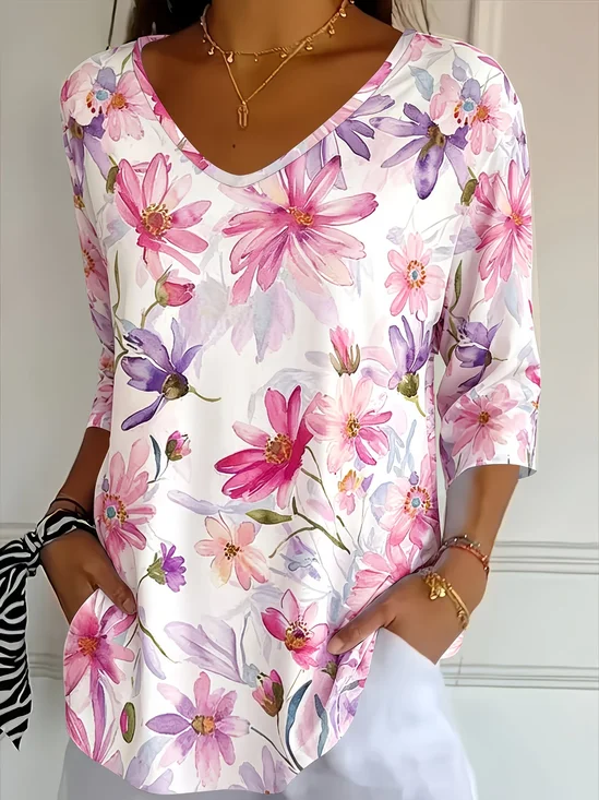 Casual Floral V Neck Three Quarter Sleeve T-shirt